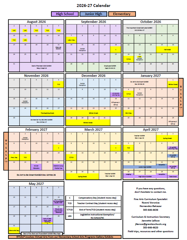 Visual Arts Calendar 2026-2027