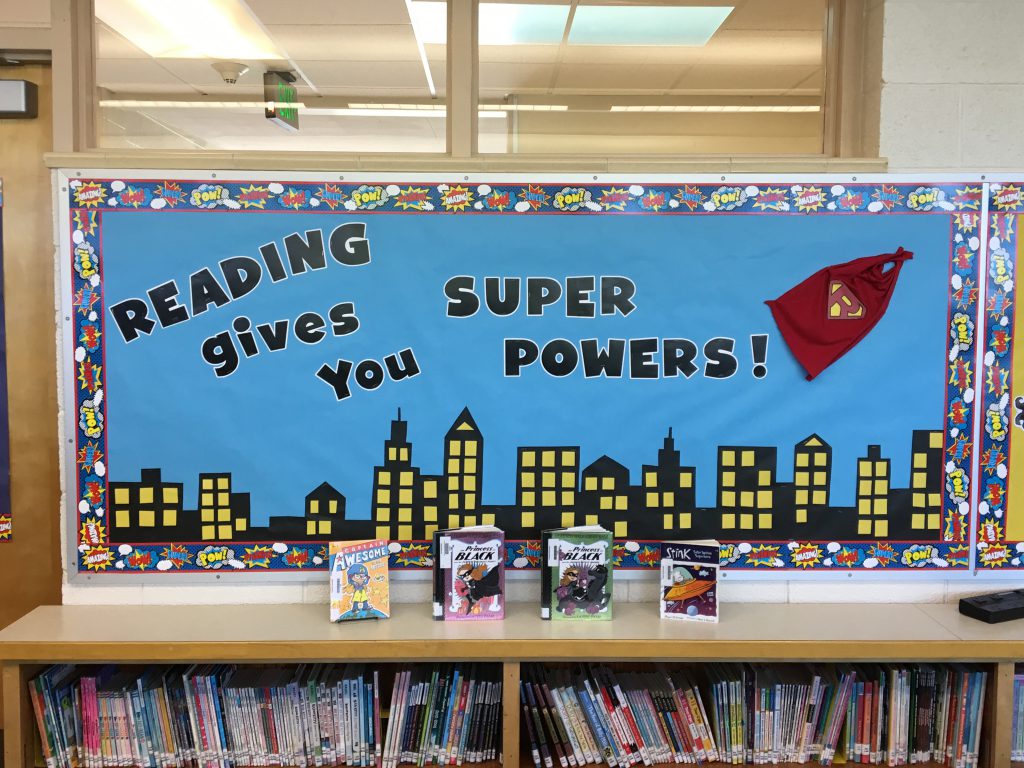 Superhero theme and displays at Crestview Elementary Media Center