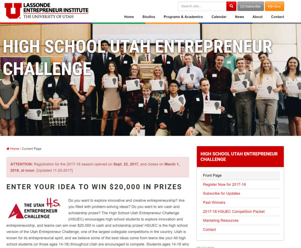 High School Utah Entrepreneur Challenge Web Page - Screenshot