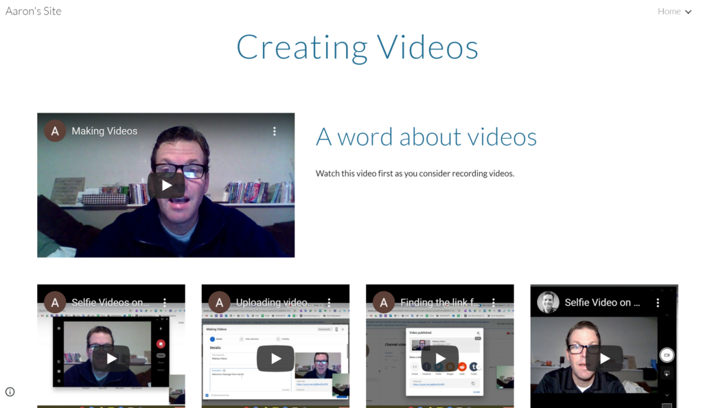 Aaron Kammerman's Creating Videos page for his teachers - Screenshot