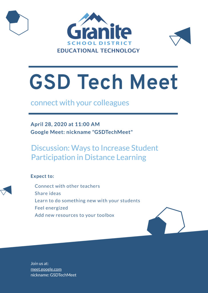 Flyer image for the GSD Tech Meet on 4/28/2020.