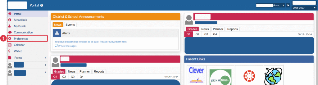 Focus parent portal dashboard with preferences tab highlighted