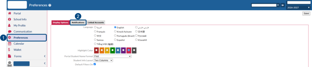 Parent portal preferences screen with notifications tab indicator