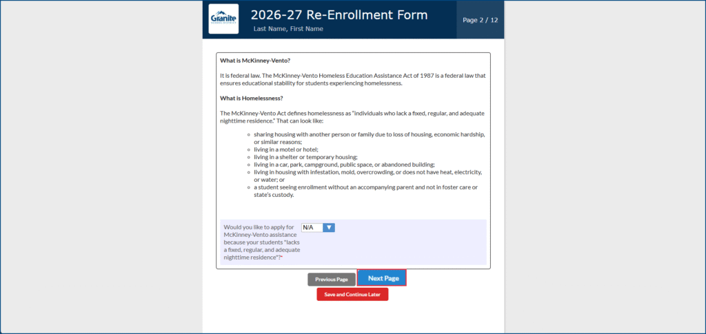 Re-enrollment page 2, McKinney-Vento application