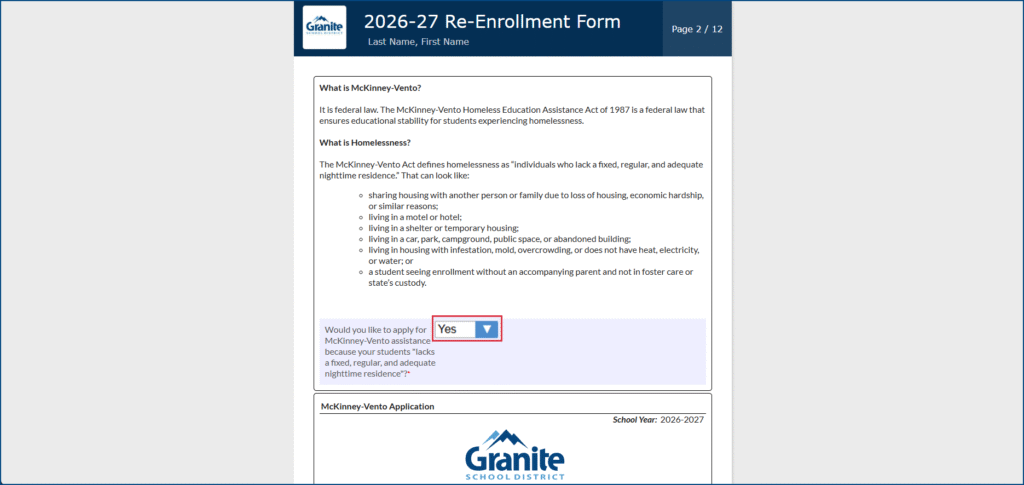 McKinney Vento Application - select yes