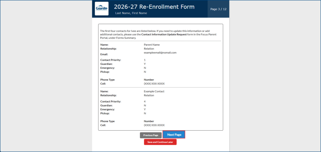 Re-enrollment form page 3, contact verification