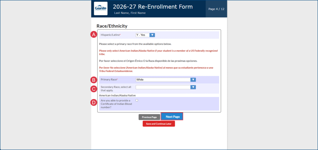Re-enrollment Form page 4, race and ethnicity information