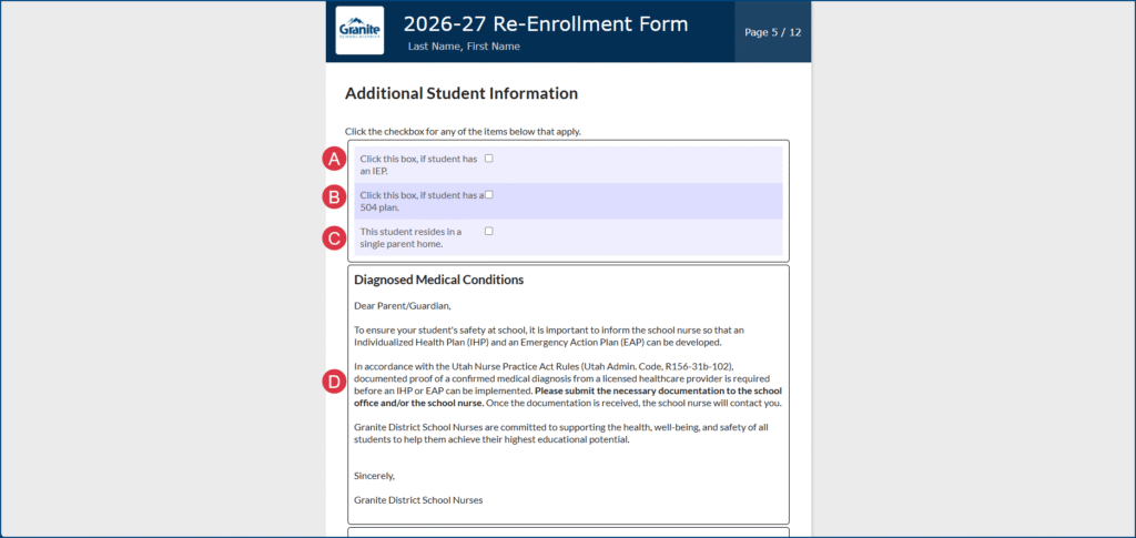 Re-enrollment form page 5, additional student information