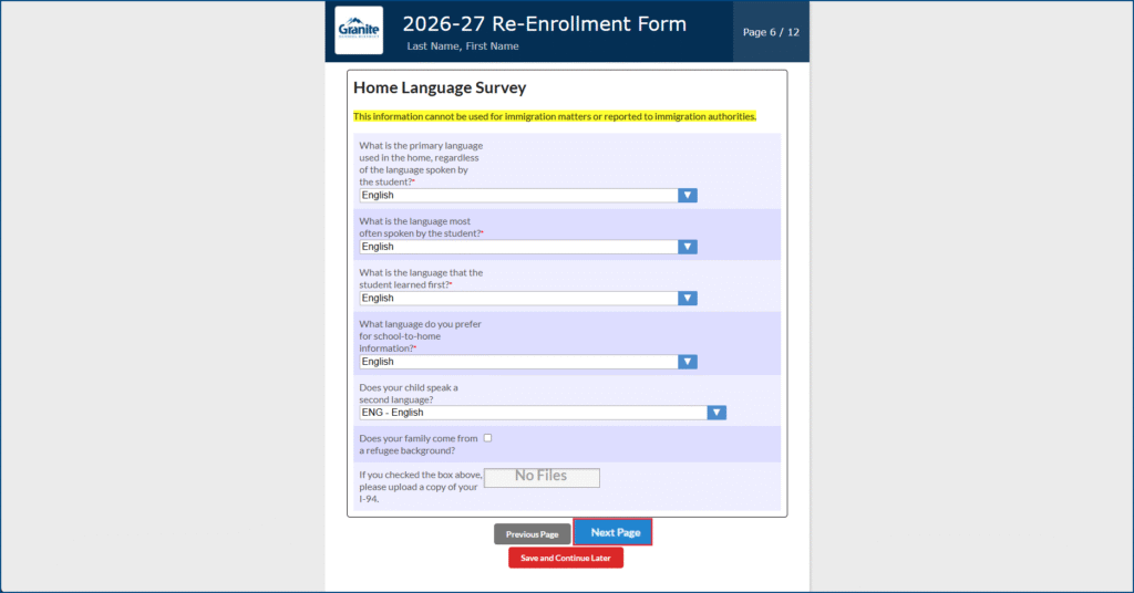 Re-enrollment page 6, home language survey