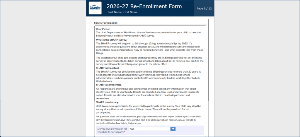 Re-enrollment form, page 9 survey participation part 1