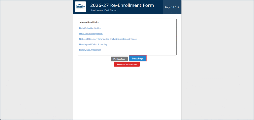 Re-enrollment form, page 10, informational links