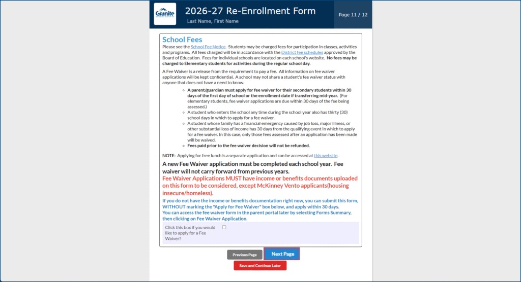 re-enrollment page 11, school fees