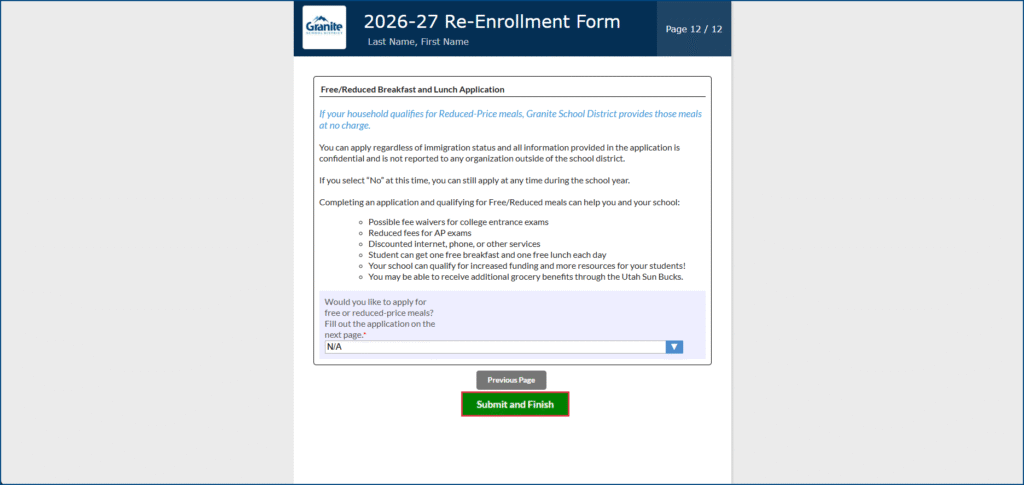 Re-enrollment page 12, free or reduced lunch application