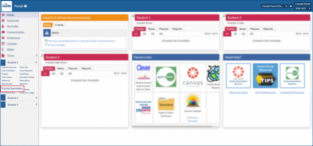 Focus parent portal forms summary highlighted