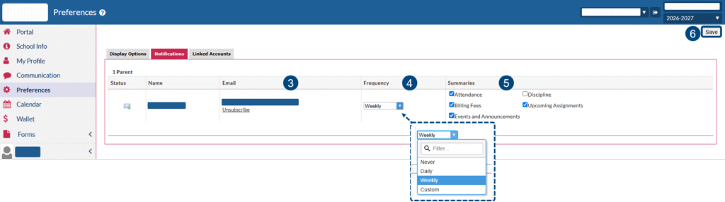 Focus parent portal preferences notification tab options