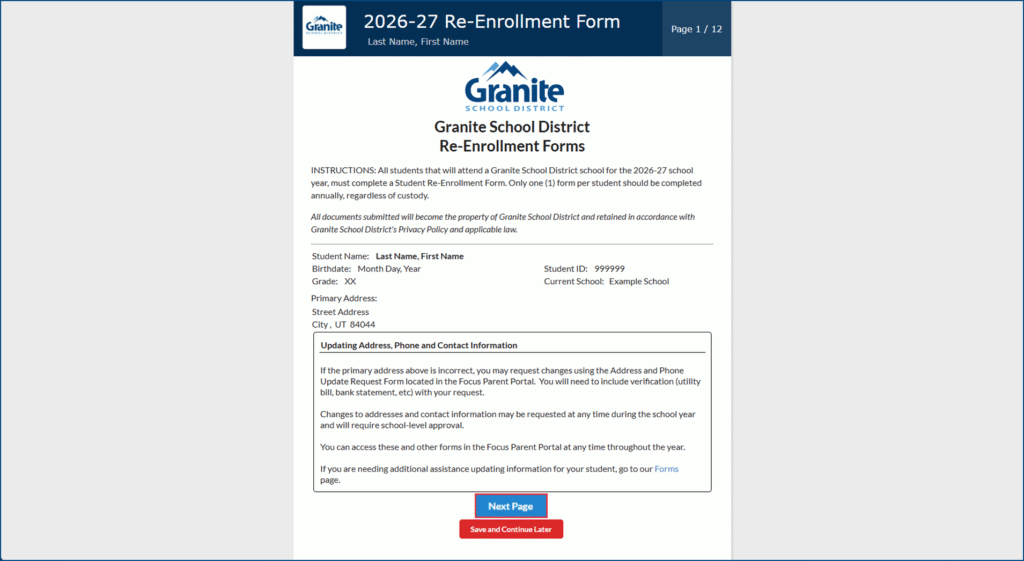 Re-enrollment form page 1