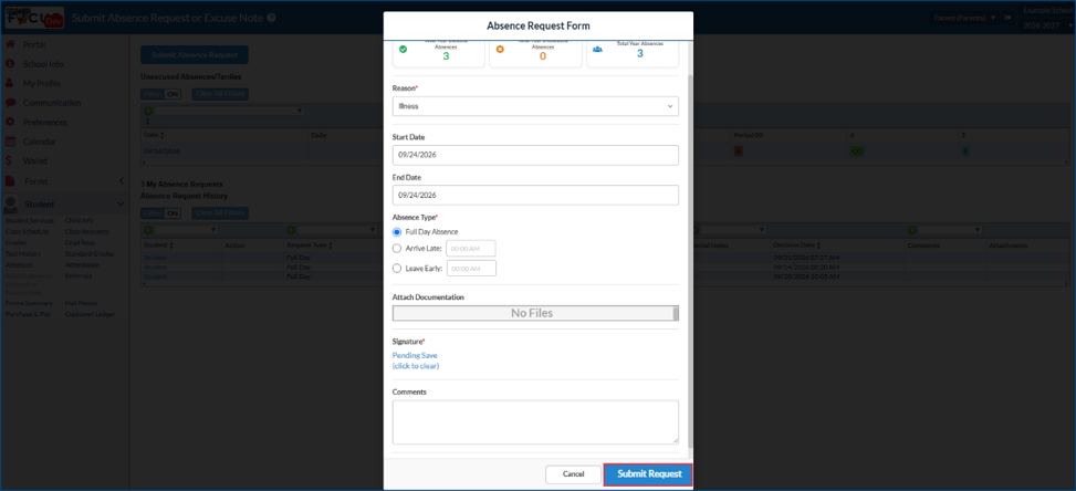 Absence request form fully completed select submit request