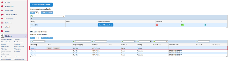 Submit absence request or excuse note page with the new request in the absence request history