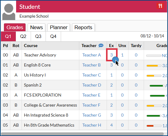 Focus Portal student tile clicking on excused absences for teacher advisory period