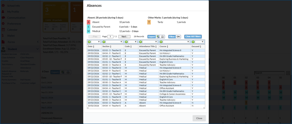 Focus absences screen with absences tile opened for additional attendance details.