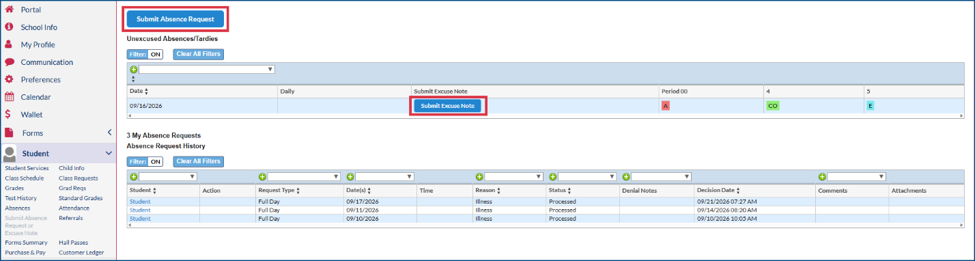 Submit absence request or excuse note page with buttons to submit excuse highlighted.
