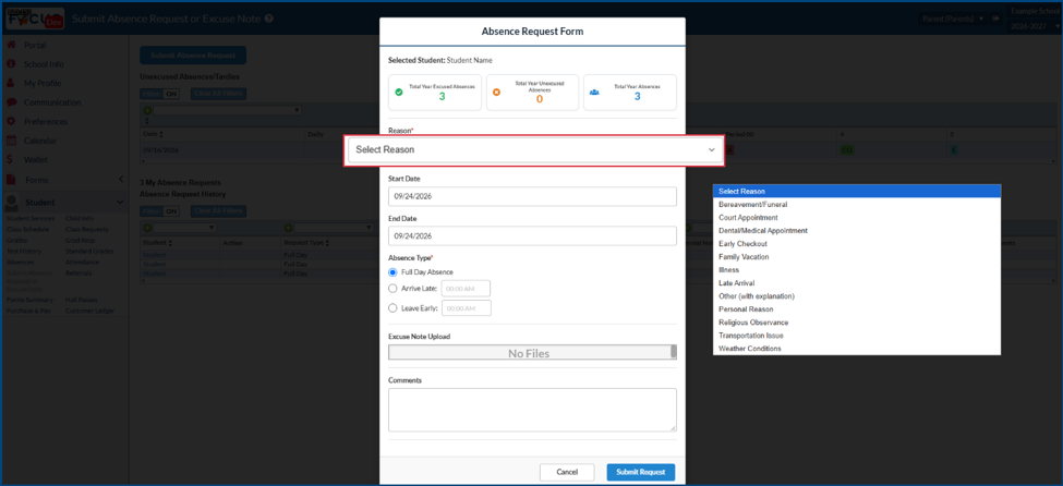 Submit absence request form with reason field highlighted and reasons listed