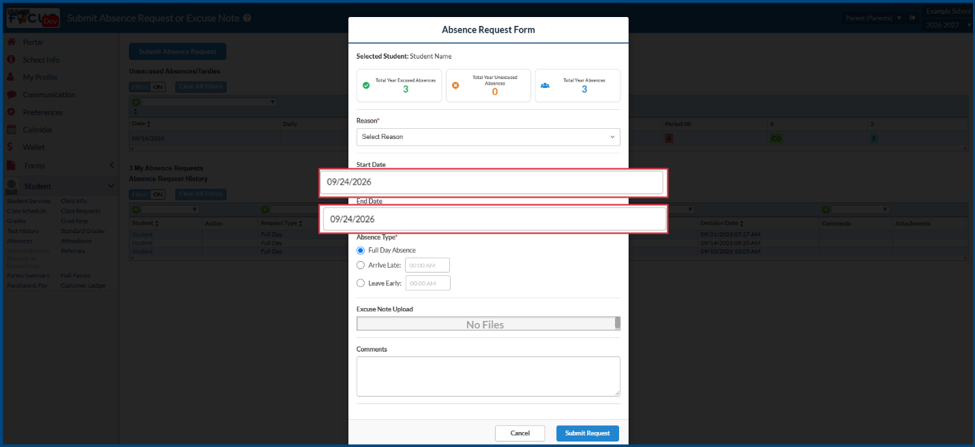 Absence request form with start and end date highlighted