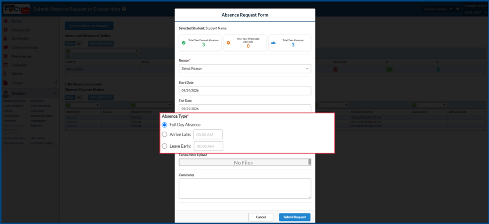 Absence request from with absence type highlighted and options of full day, arrive late, or leave early