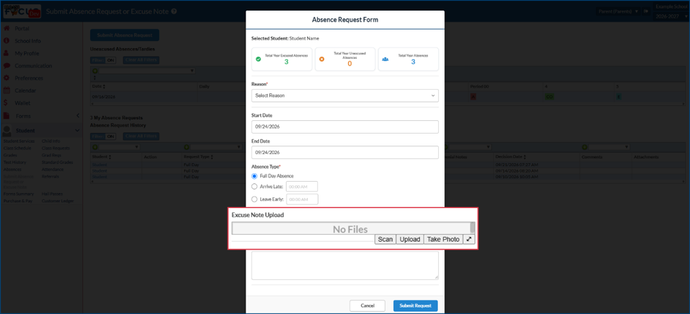 Absence Request Form with excuse note upload highlighted