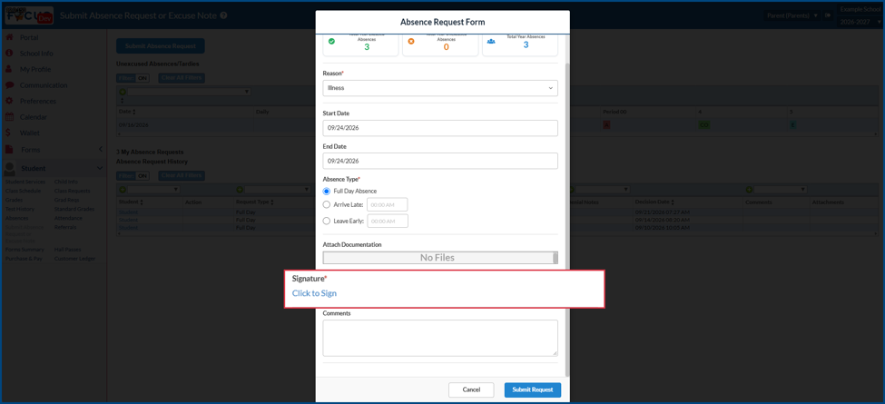 Absence request form with signature requirement highlighted