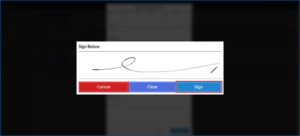 signature screen with the options to cancel, clear and sign.