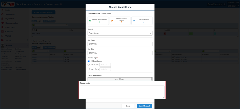 Absence request form with comments field highlighted, this is an optional field