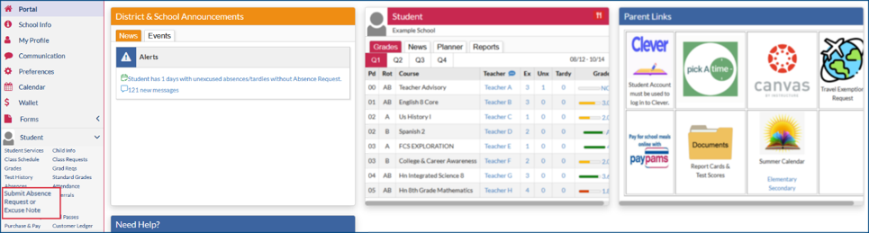 Focus Portal with left menu open and Submit Absence Request or Excuse Note highlighted