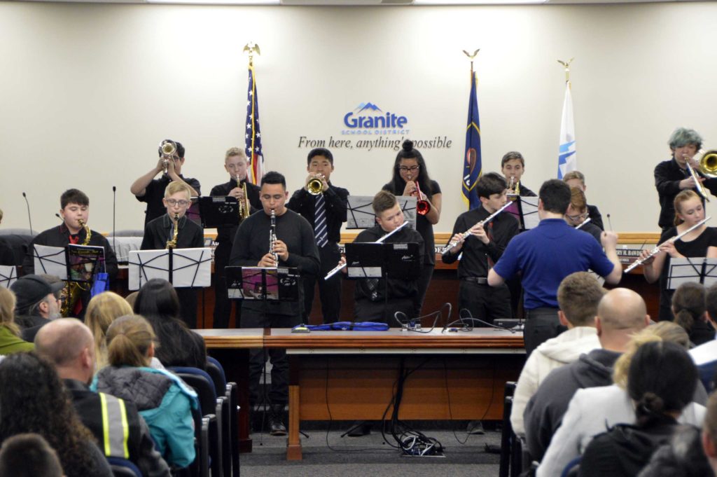 Matheson Jr. High jazz band at the board meeting