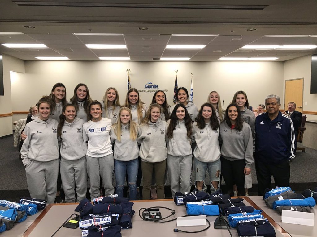 Skyline girls soccer team at board meeting